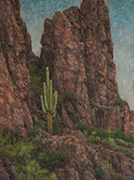 Ancient one in the Superstitions Painting by Brenda Howell showing a saguaro with many arms on a shrub covered rocky outcropping in the Superstition Mountains east of Phoenix Arizona.