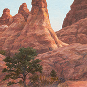 Entrada Sandstone Drama Painting by Brenda Howell showing unusual and colorful rock formation in sandstone with pinyon tree at Arches National Park in Utah.