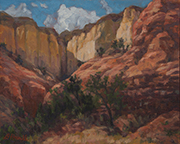 Cliffs Near Ghost Ranch Painting by Brenda Howell showing colorful cliffs of red and yellow with pinon and juniper trees in foreground near Ghost Ranch in northern New Mexico.