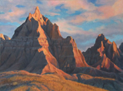 Angel Butte Morning Painting by Brenda Howell showing colorful rocky formations in an early morning landscape with desert grassland at Badlands National Park in South Dakota.