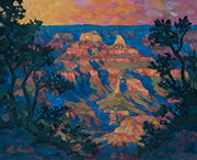 Color Study Zoroaster #1 Painting by Brenda Howell showing colorful light on canyon formations with blue shadows on the south rim of Grand Canyon National Park in Arizona.