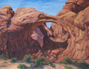 Double Arch Painting by Brenda Howell showing unusual complex and colorful rock arch opening in sandstone at Arches National Park in Utah.