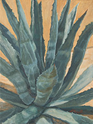 Garden Agave Painting by Brenda Howell showing a large spiky agave plant in greens and blues with sunny adobe wall in background.