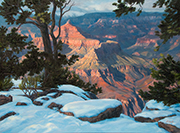 Grand Canyon Snow and Light Painting by Brenda Howell showing dramatic evening light on canyon formations with snowy forground and trees at the south rim of Grand Canyon National Park in Arizona.