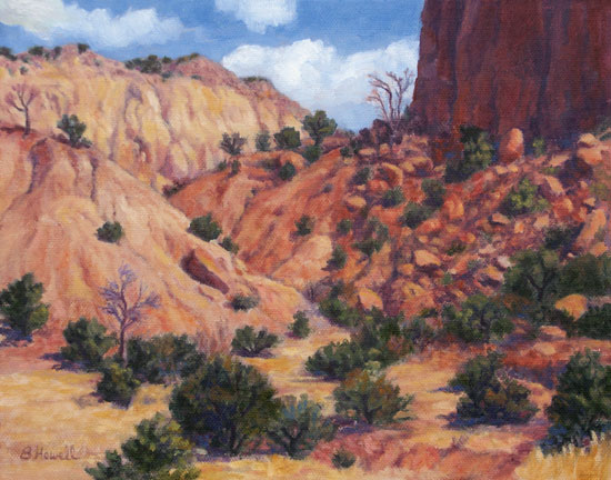 Ghost Ranch #2 Painting by Brenda Howell showing red and yellow cliffs with pinyon and junipers at Ghost Ranch in Northern New Mexico.