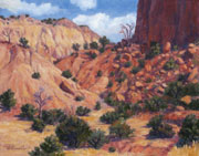 Ghost Ranch #2 Painting by Brenda Howell showing red and yellow cliffs with pinyon and junipers at Ghost Ranch in Northern New Mexico.
