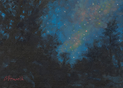 Glorieta Night Sky Painting by Brenda Howell showing colorful Milky Way and stars with forest landscape.