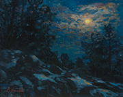 Glorieta Winter Moonlight Painting by Brenda Howell showing colorful clouds and full moon and stars with snowy and rocky forest landscape.