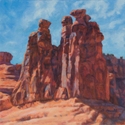 The Gossips Painting by Brenda Howell showing unusual and colorful rock formation in sandstone at Arches National Park in Utah.