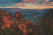 Here Comes the Sun Painting by Brenda Howell showing early morning light on canyon formations with the river in view on the east rim of Grand Canyon National Park in Arizona.