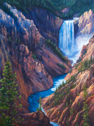 Lower Falls of the Yellowstone Painting by Brenda Howell showing a colorful forest canyon and stunning waterfall and river in Yellowstone National Park in Wyoming