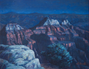North Rim Moonlight Painting by Brenda Howell showing moonlight on canyon formations at the north rim of Grand Canyon National Park in Arizona.