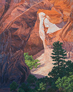Pine Tree Arch Painting by Brenda Howell showing unusual lighting under a colorful rock arch opening in sandstone in Arches National Park in Utah.