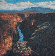 Rio Grande Gorgeous Painting by Brenda Howell showing river flowing in a deep canyon with mountains in distance in Northern New Mexico near Taos.