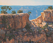 Grand Canyon Rocky Inspiration Painting by Brenda Howell showing dramatic light on forground canyon rocks with blue canyon shadows in the distance on the south rim of Grand Canyon National Park in Arizona.