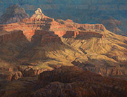 South Rim Splendor Painting by Brenda Howell showing exciting light and cloud shadows on Zoroaster Temple in Grand Canyon.
