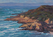 Spooners Cove Painting by Brenda Howell showing Pacific Ocean along the California coast with view of hills and shoreline.