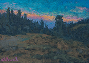 Sunset before Totality Painting by Brenda Howell showing view sunset-like colors over Casper Wyoming from mountains to the south at midday during the solar eclipse.