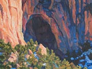 Ventana Arch Painting by Brenda Howell showing Ventana arch in the rocky cliffs with pinon and juniper flanking the hills below in southwestern New Mexico.