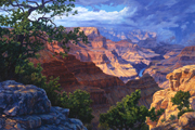 West Rim Afternoon Painting by Brenda Howell showing dramatic light on canyon formations with storm clouds in the distance on the west rim of Grand Canyon National Park in Arizona.