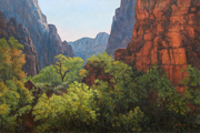 Zion in October Painting by Brenda Howell of dramatic light on fall foliage and red cliffs with distant mountains in Zion National Park.