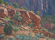 Zion Rocks Painting by Brenda Howell of dramatic light on sage and juniper covered hill and red cliffs in Zion National Park.