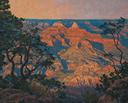 Grand Canyon Magnificence Painting by Brenda Howell showing dramatic evening light on Zoroaster Temple with forground trees in shadow at the south rim of Grand Canyon National Park in Arizona.